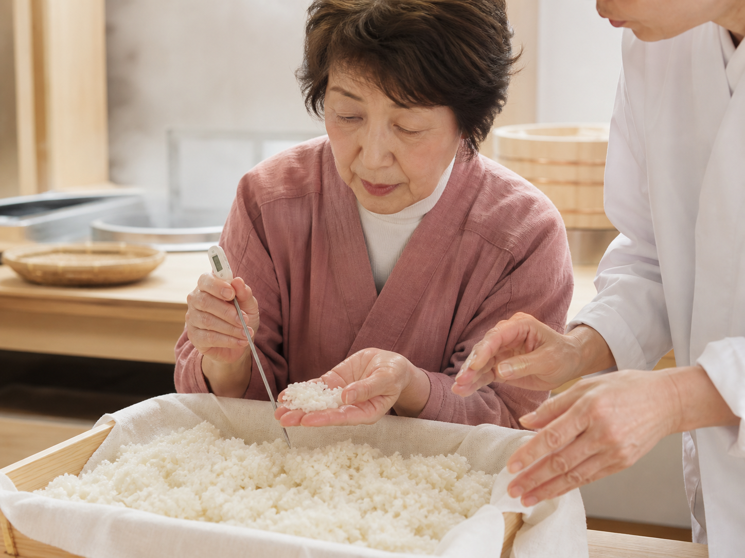 講師から麹の温度管理を丁寧に学ぶ様子