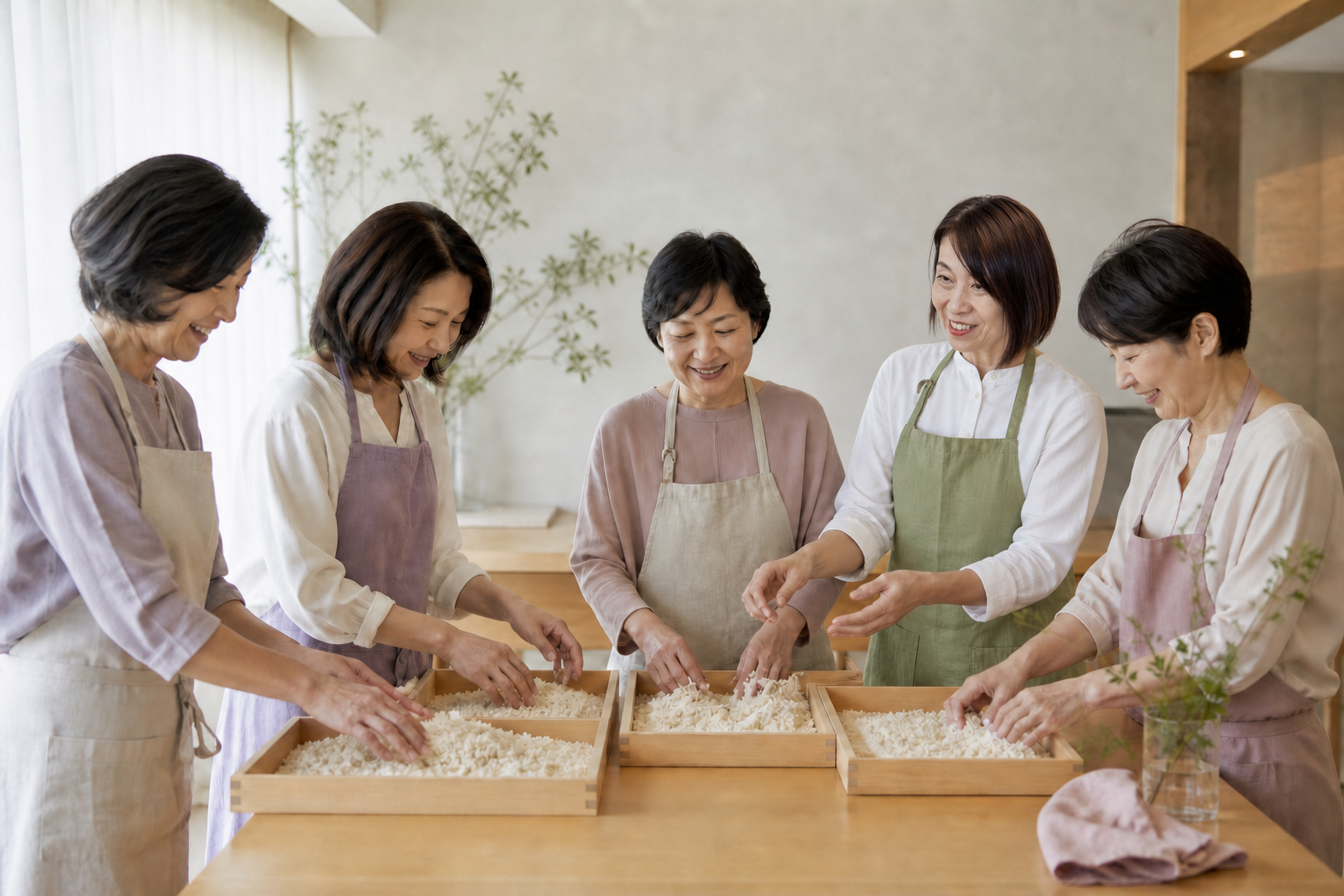 鶯色のエプロンの講師と学ぶ少人数の製麹レッスン